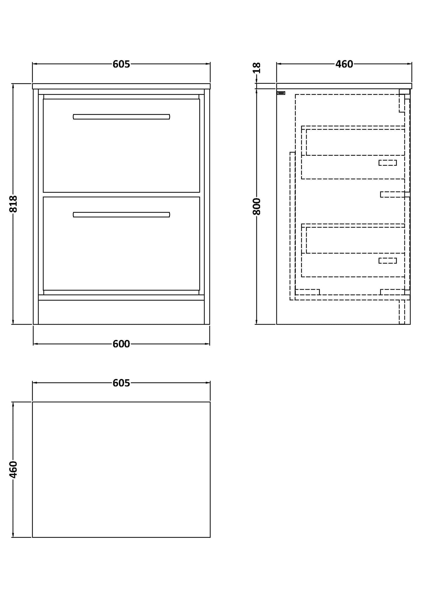 Hudson Reed 600mm Floor Standing 2-Drawer Vanity with Worktop