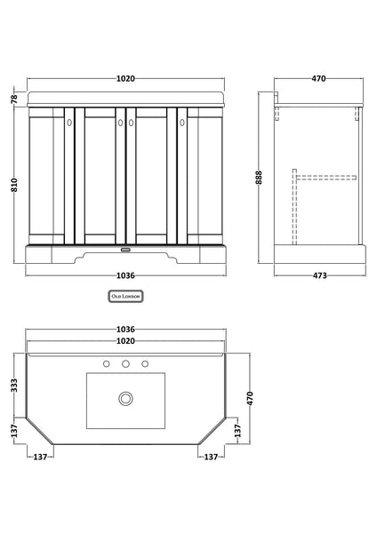 Hudson Reed 1000mm 4-Door Angled Unit & Marble Top 3TH
