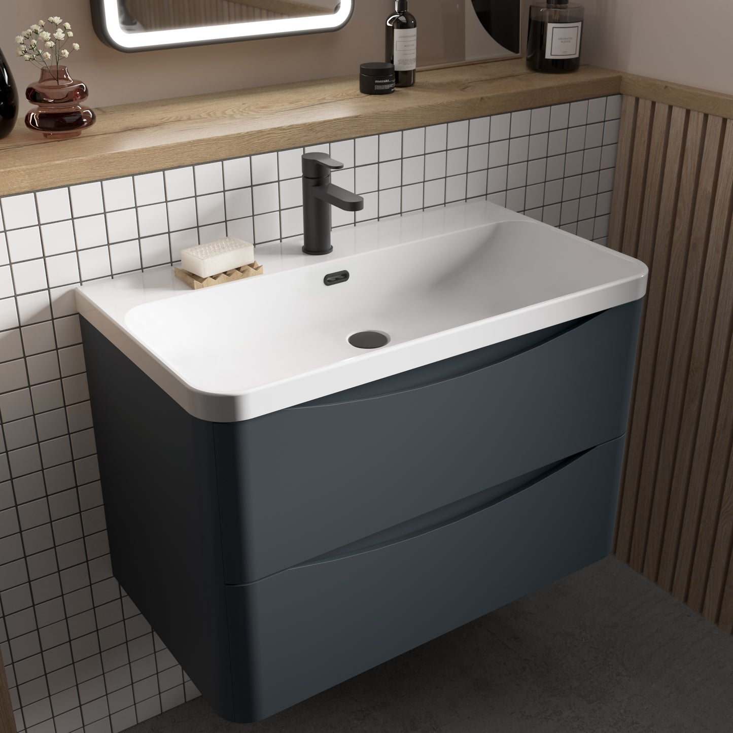 NUIE 600mm Wall Hung 2 Drawer Vanity & Thin Edge Ceramic Basin