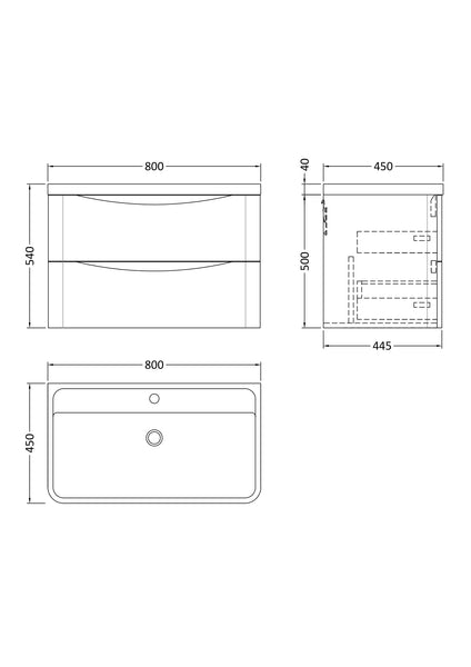 NUIE 800mm Wall Hung 2 Drawer Vanity & Polymarble Basin
