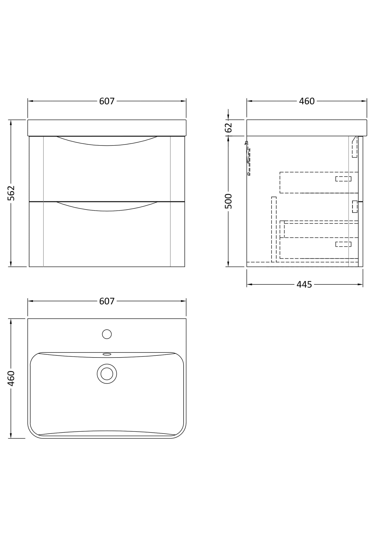 NUIE 600mm Wall Hung 2 Drawer Vanity & Thin Edge Ceramic Basin