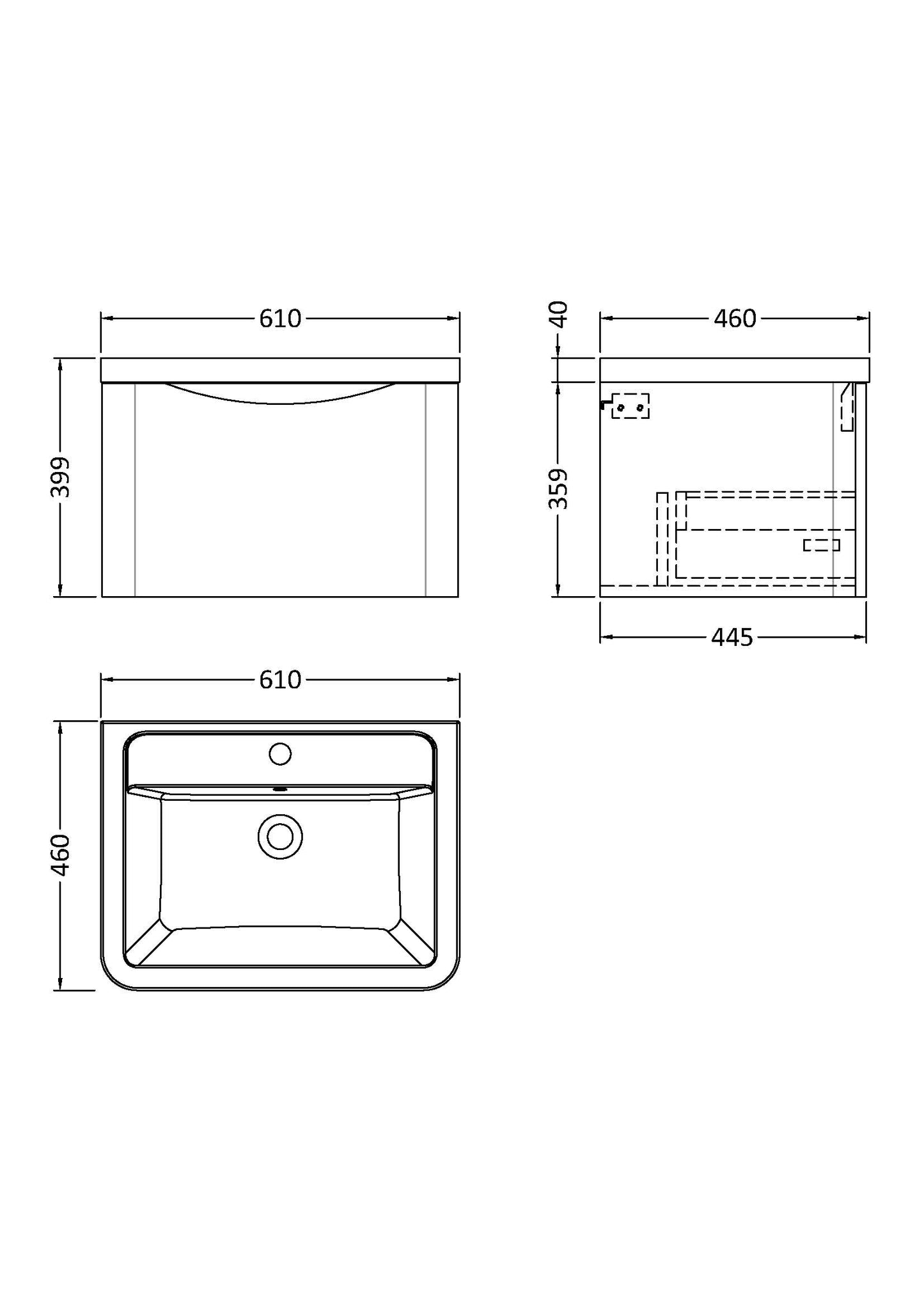 NUIE 600mm Wall Hung 1 Drawer Vanity & Ceramic Basin