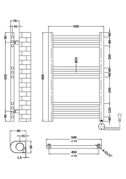 NUIE Round Straight Towel Radiator 800x500