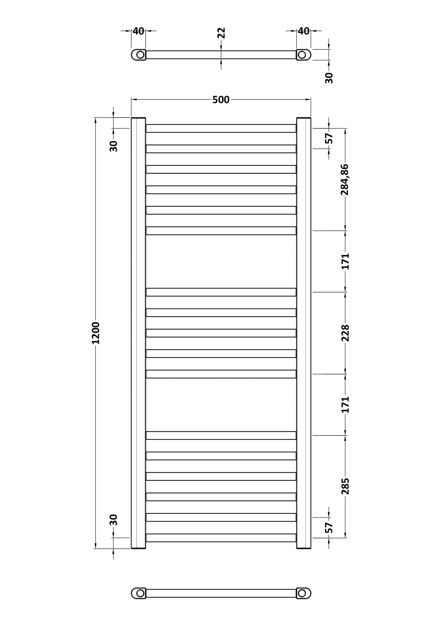 NUIE Round Straight Towel Radiator 1200x500