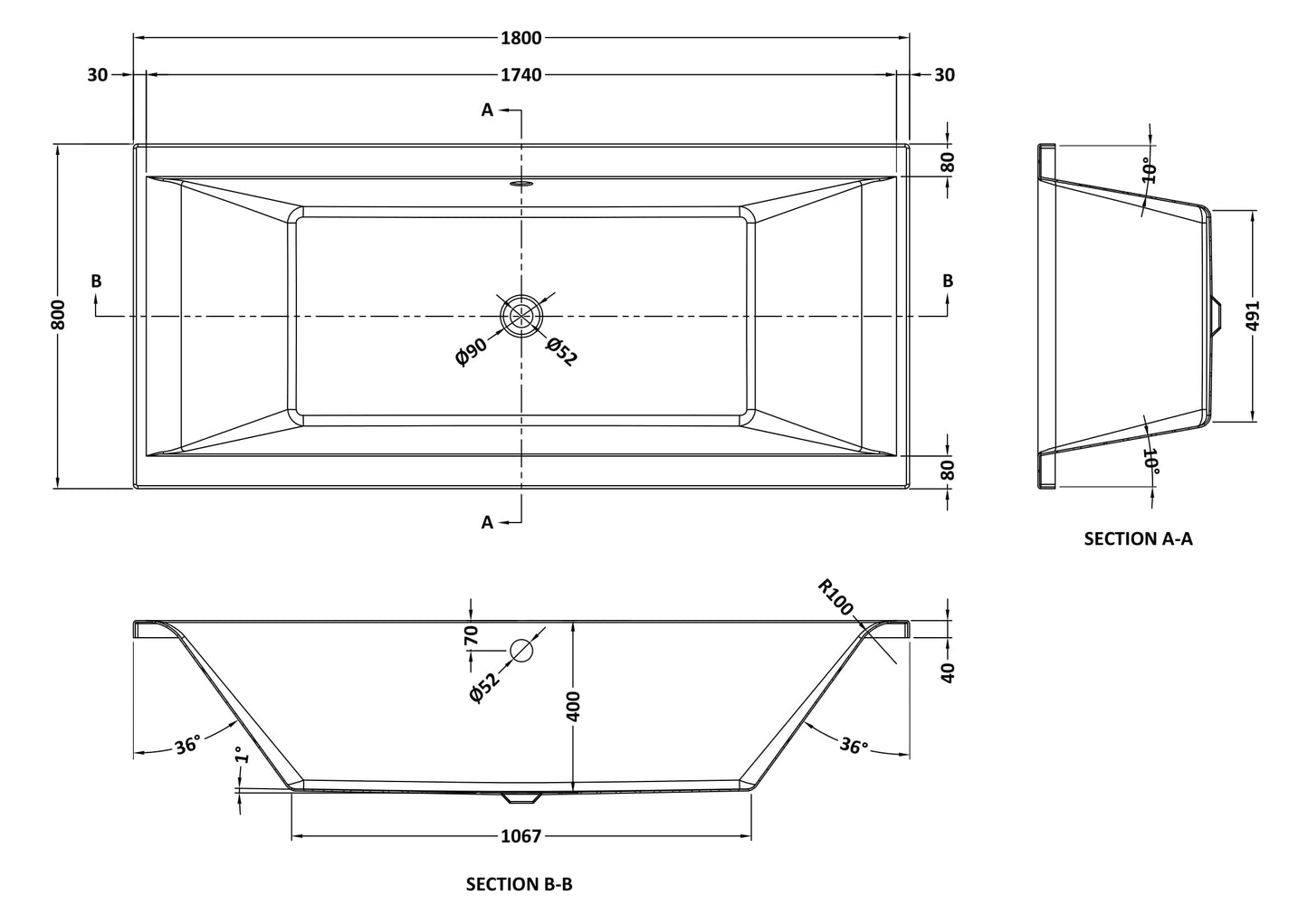 NUIE Square Double Ended Bath 1800 x 800mm