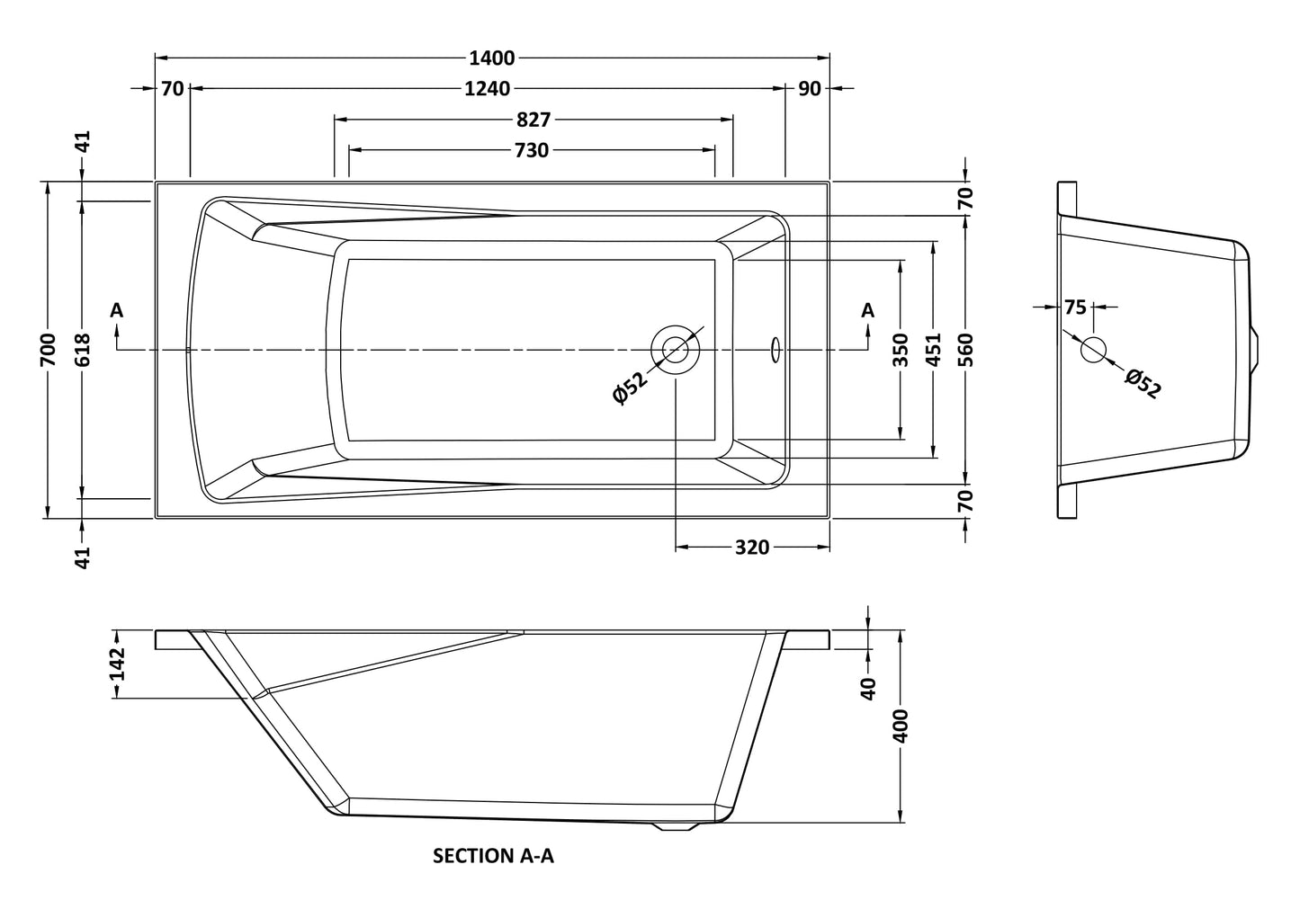 NUIE Square Single Ended Bath 1400 x 700mm