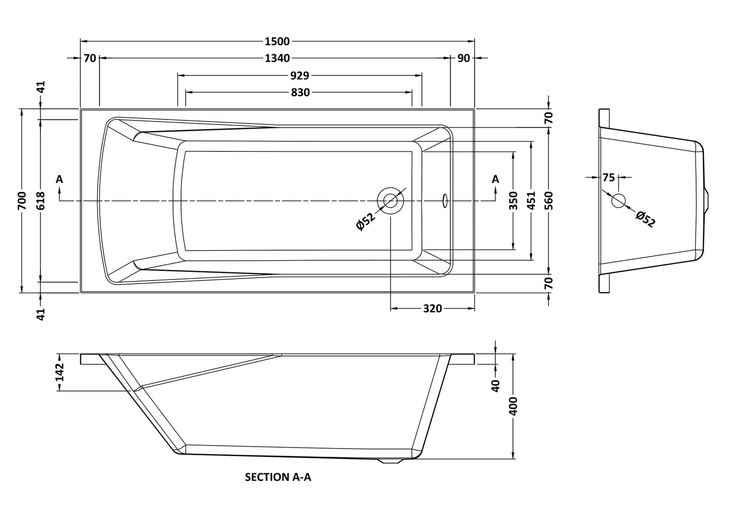 NUIE Square Single Ended Bath 1500 x 700mm