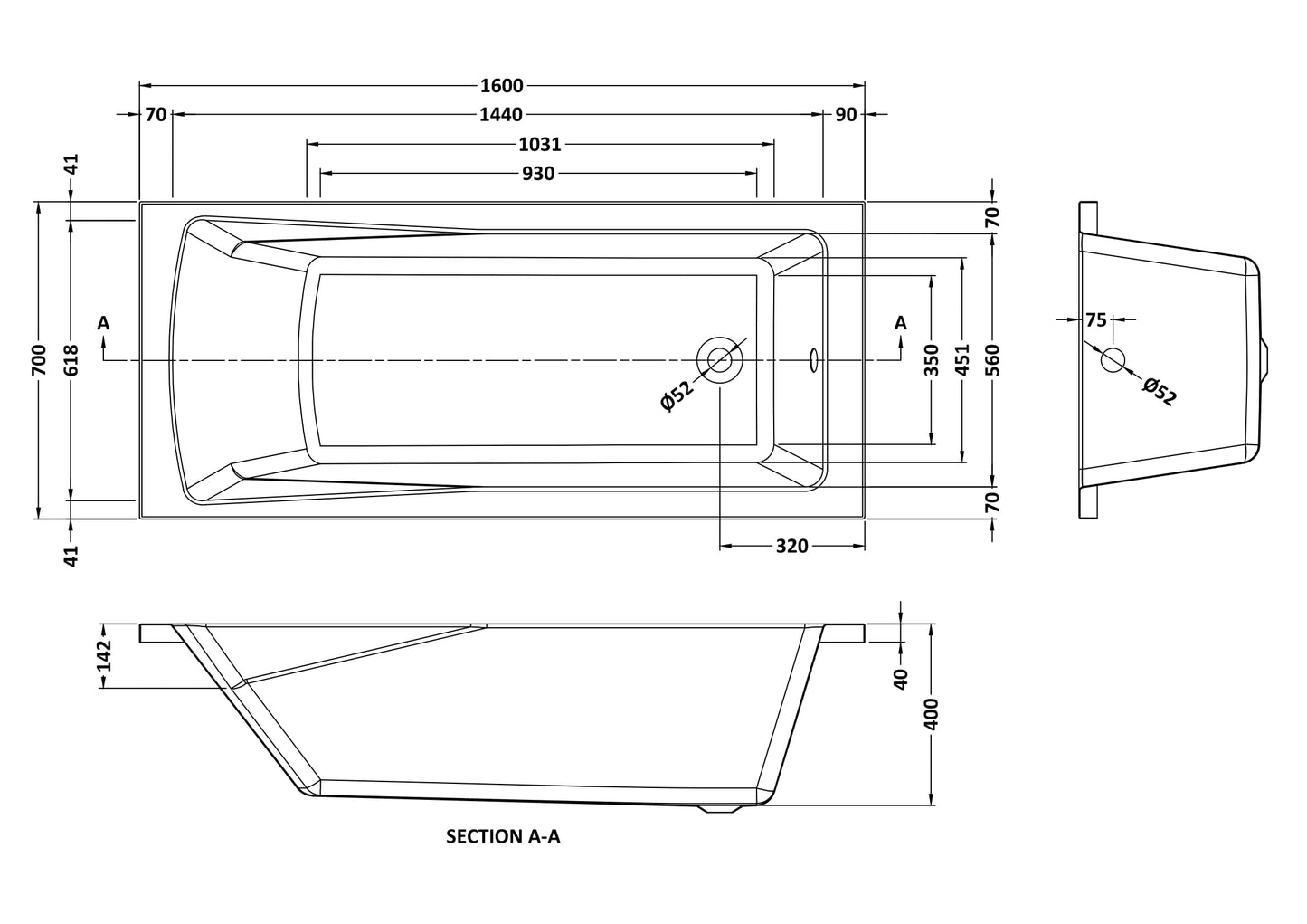 NUIE Square Single Ended Bath 1600 x 700mm
