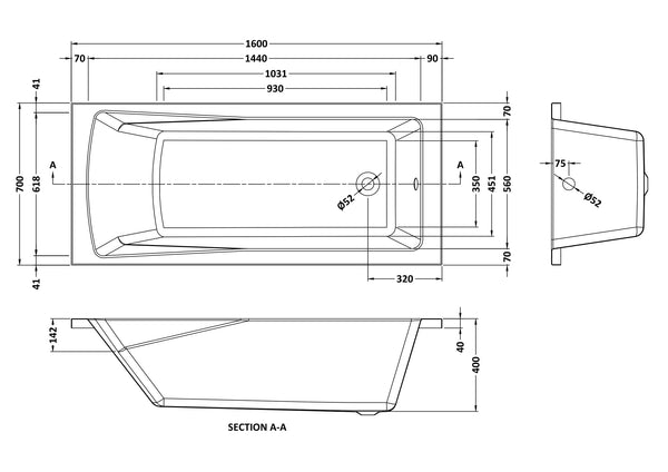 NUIE Square Single Ended Bath 1600 x 700mm