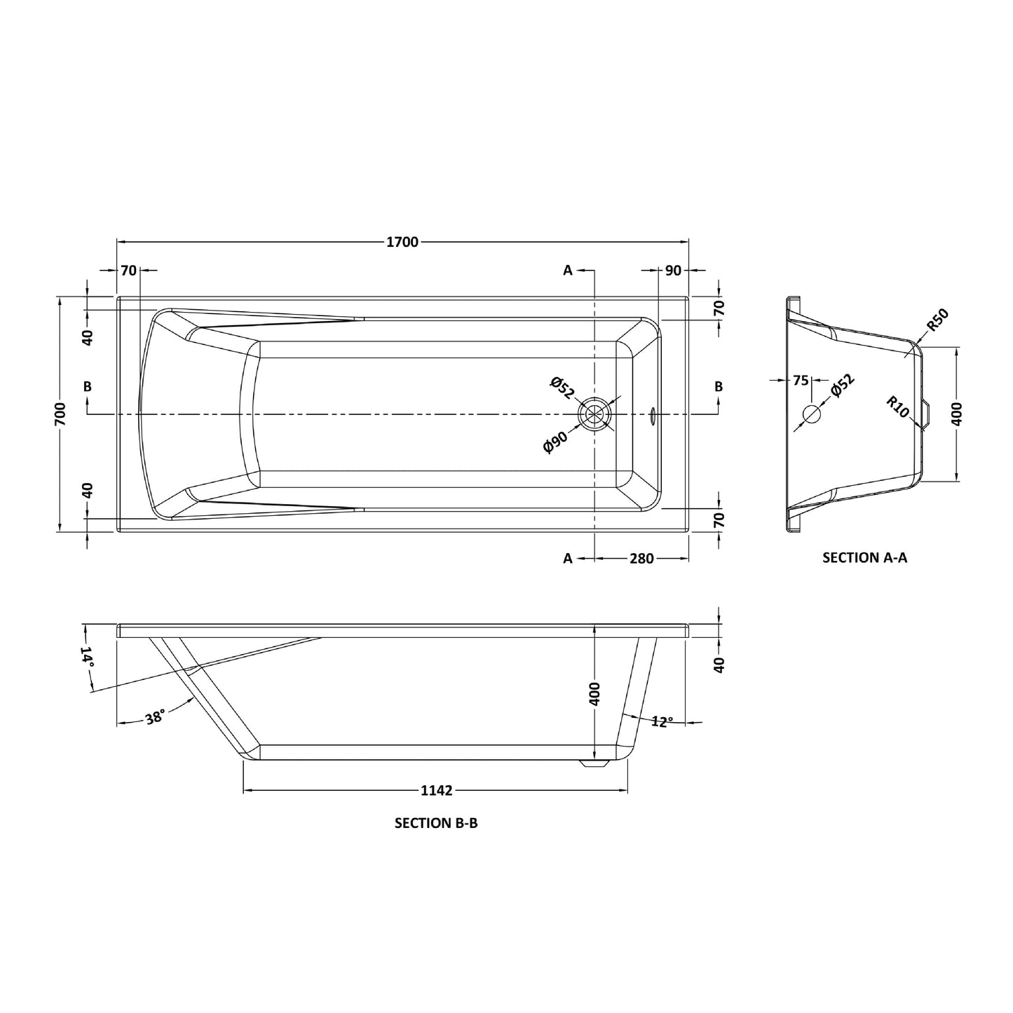 NUIE Square Single Ended Bath 1700 x 700mm