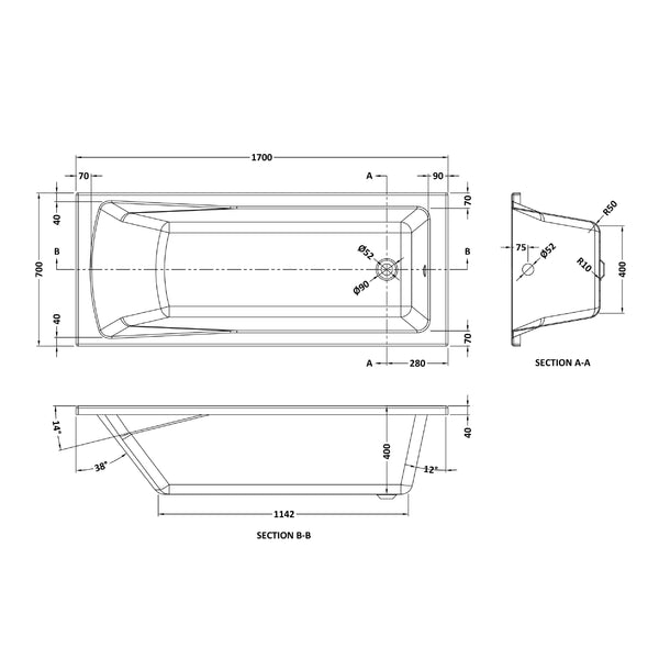 NUIE Square Single Ended Bath 1700 x 700mm