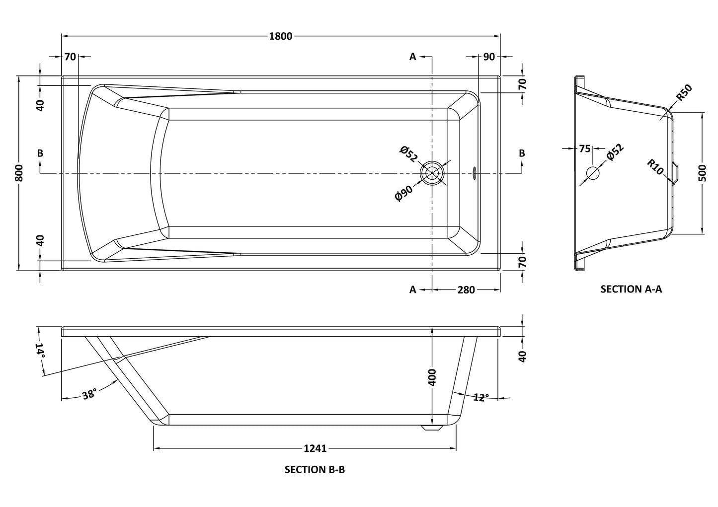 NUIE Square Single Ended Bath 1800 x 800mm