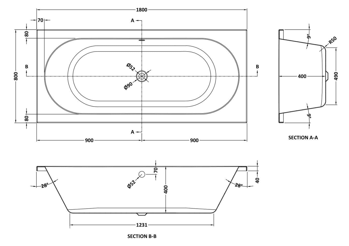 NUIE Round Double Ended Bath 1800 x 800mm