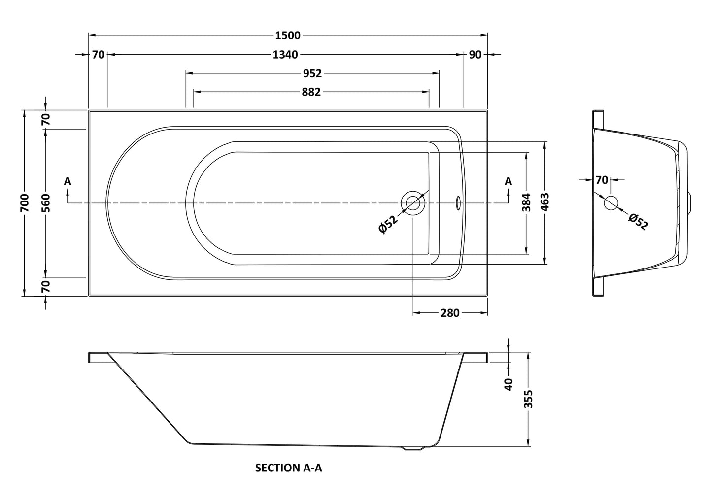 NUIE Standard Single Ended Bath 1500 x 700mm