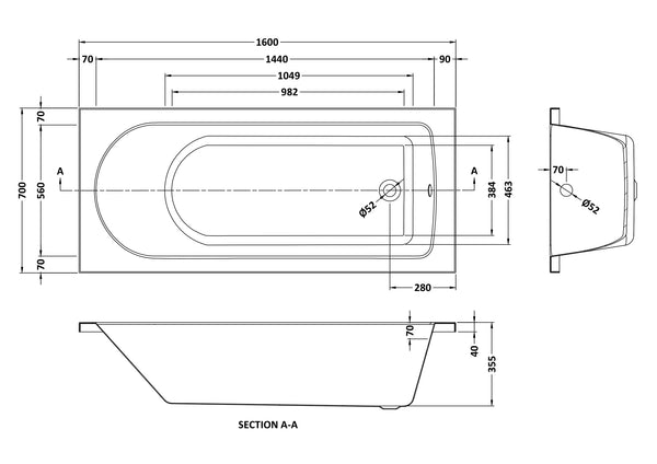 NUIE Standard Single Ended Bath 1600 x 700mm