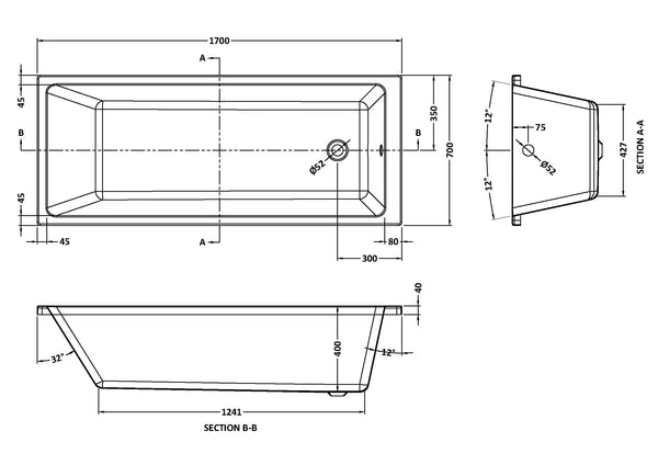 NUIE Thin Edge Single Ended Bath 1700 x 700mm