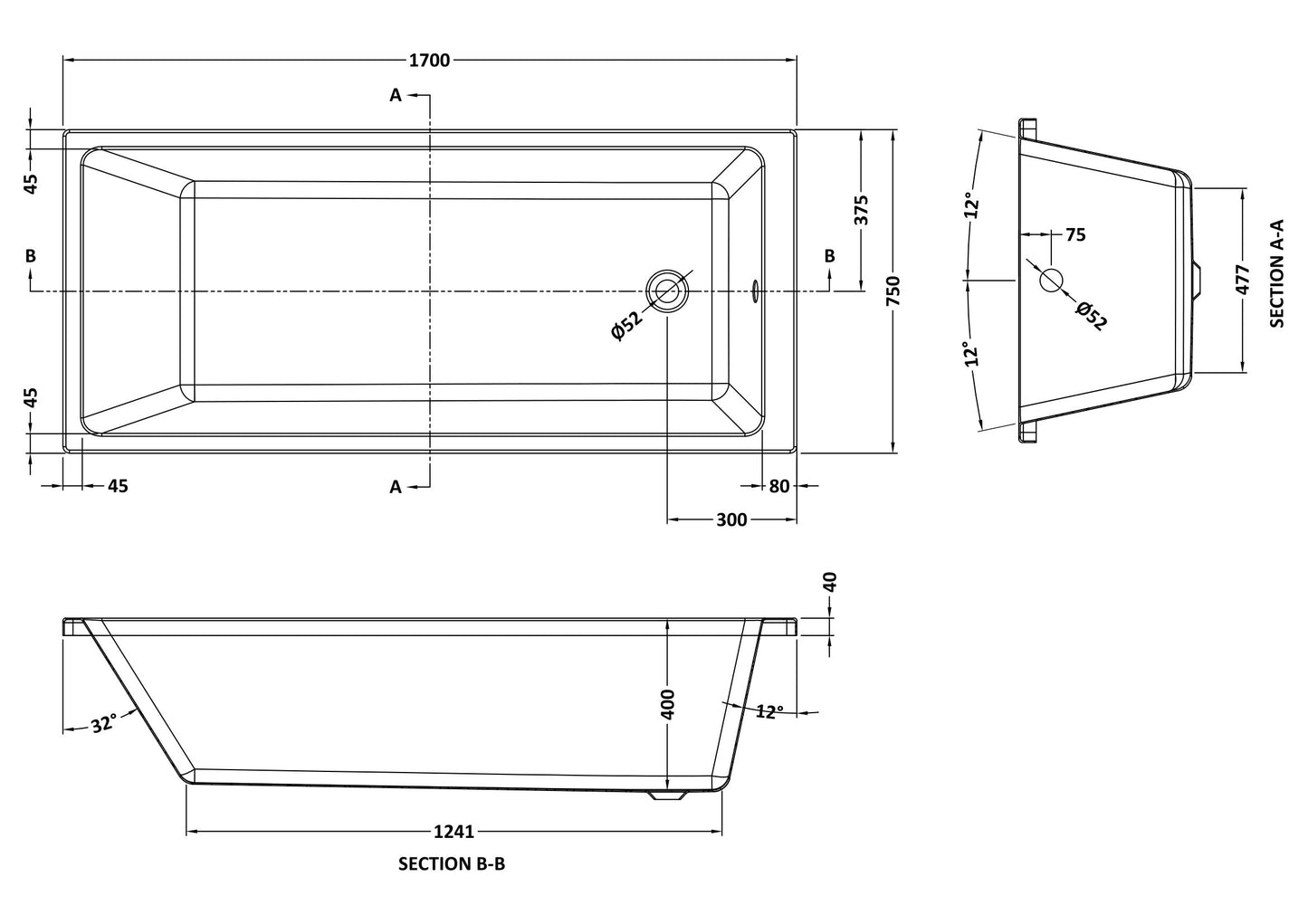 NUIE Thin Edge Single Ended Bath 1700 x 750mm