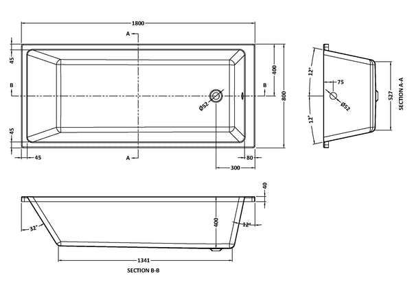 NUIE Thin Edge Single Ended Bath 1800 x 800mm