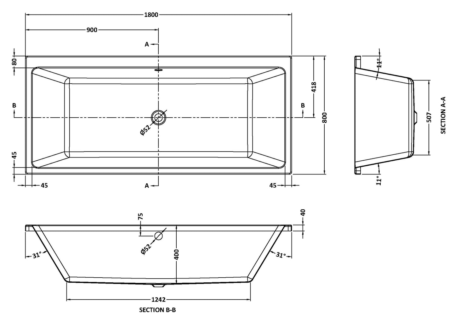 NUIE Thin Edge Double Ended Bath 1800 x 800mm
