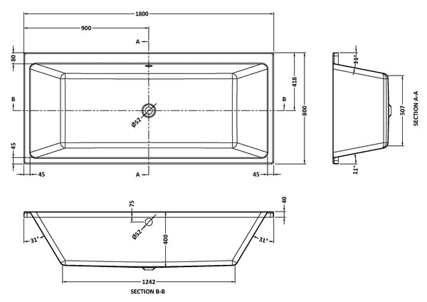 NUIE Thin Edge Double Ended Bath 1800 x 800mm