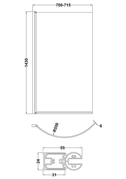 NUIE P' Curved Bath Screen (5mm Glass)