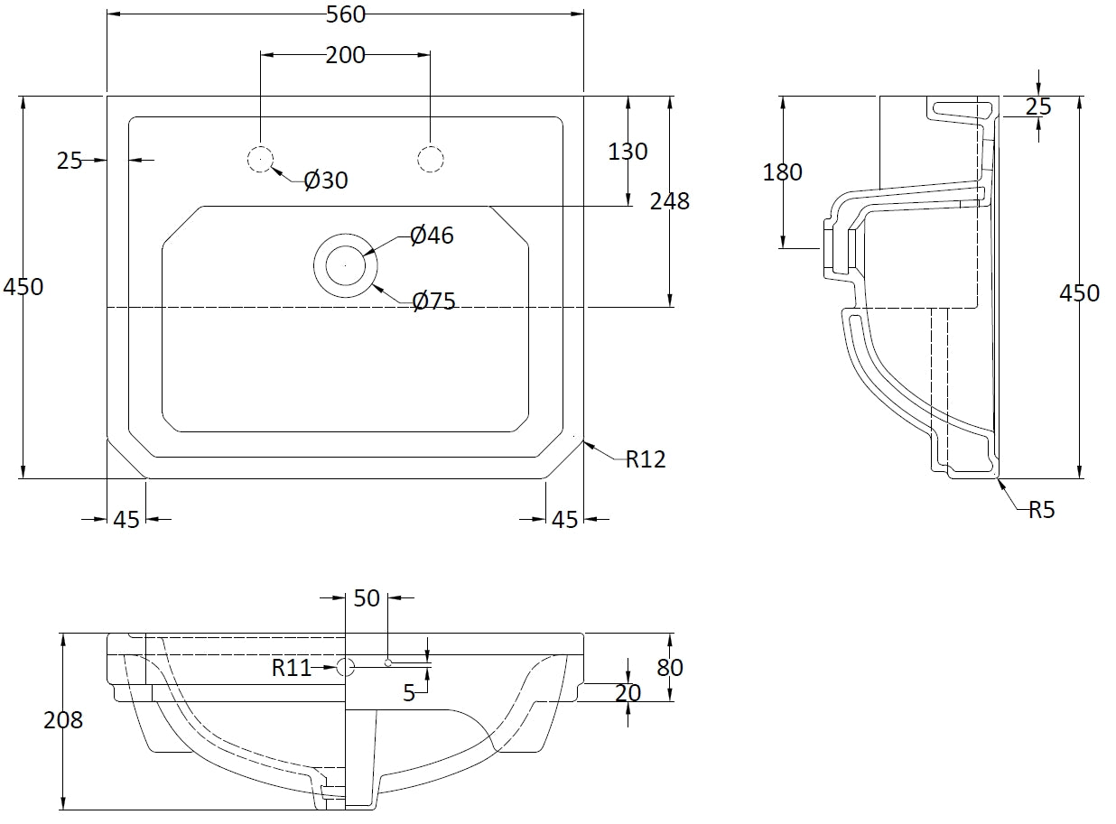Hudson Reed 560mm Semi Recessed Basin (2 Tap Hole)