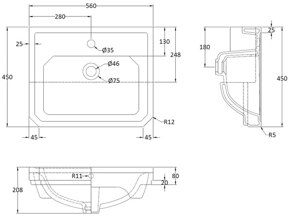 Hudson Reed 560mm Semi Recessed Basin (1 Tap Hole)