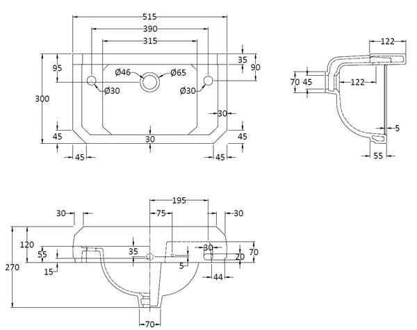 Hudson Reed 515mm Cloakroom Basin (2 Tap Hole)