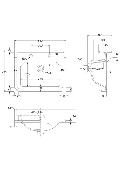 Hudson Reed 560mm Basin (2 Tap Hole)