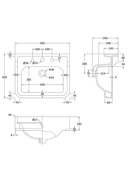 Hudson Reed 560mm Basin (3 Tap Hole)