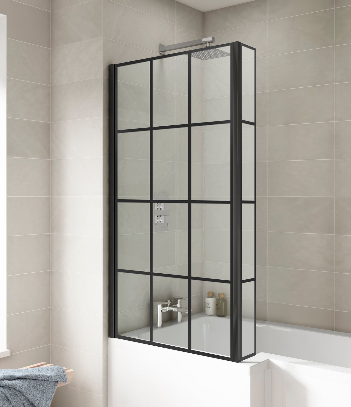 NUIE Square Black Framed Bath Screen With Fixed Return