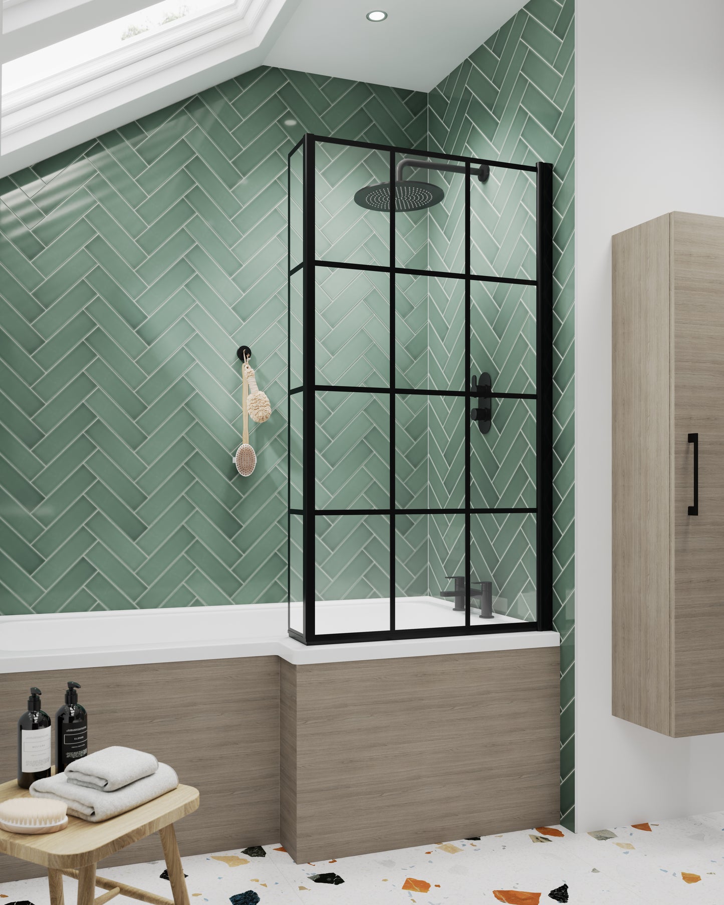 NUIE Square Black Framed Bath Screen With Fixed Return
