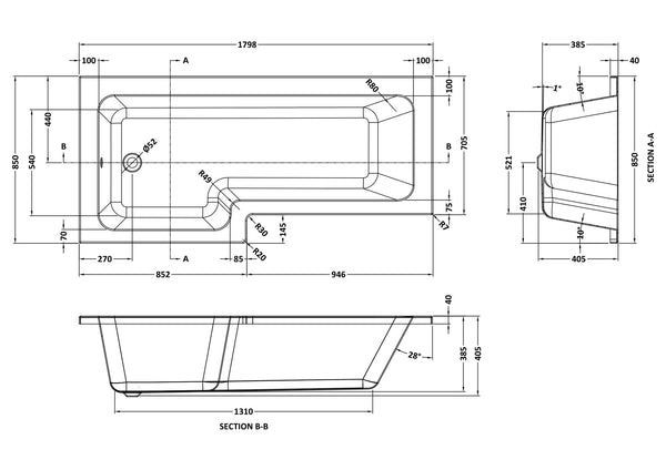 NUIE 1800mm Left Hand Square Shower Bath