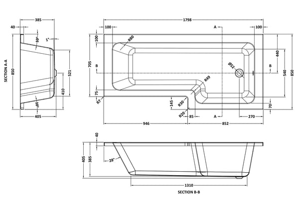 NUIE 1800mm Right Hand Square Shower Bath