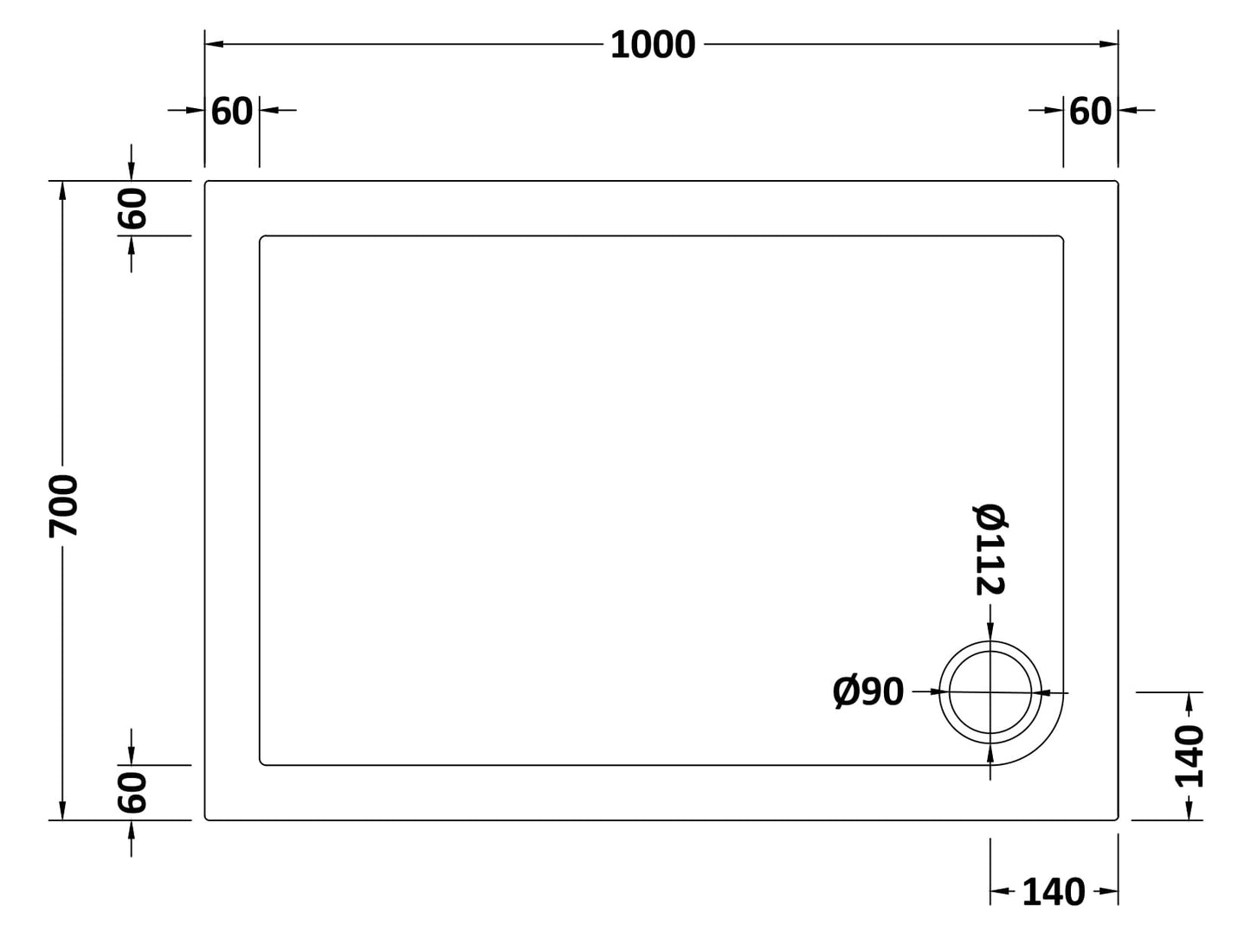NUIE Slip Resistant Rectangular Shower Tray 1000 x 700mm