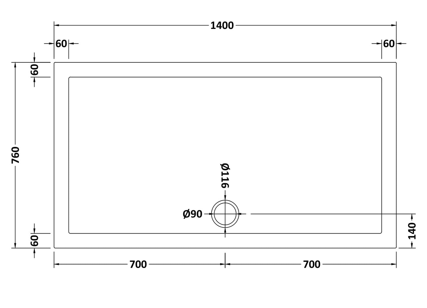 NUIE Slip Resistant Rectangular Shower Tray 1400 x 760mm