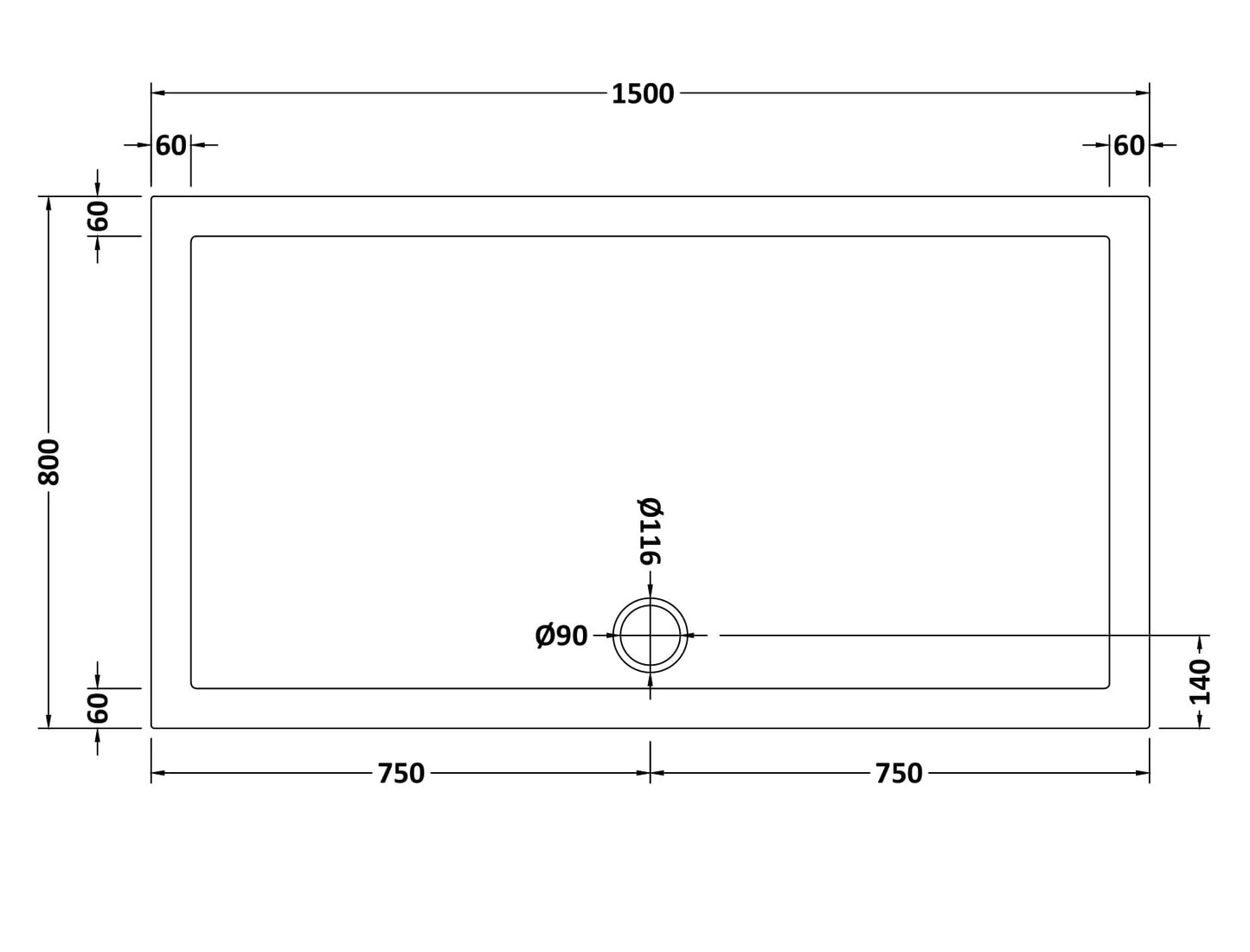 NUIE Slip Resistant Rectangular Shower Tray 1500 x 800mm