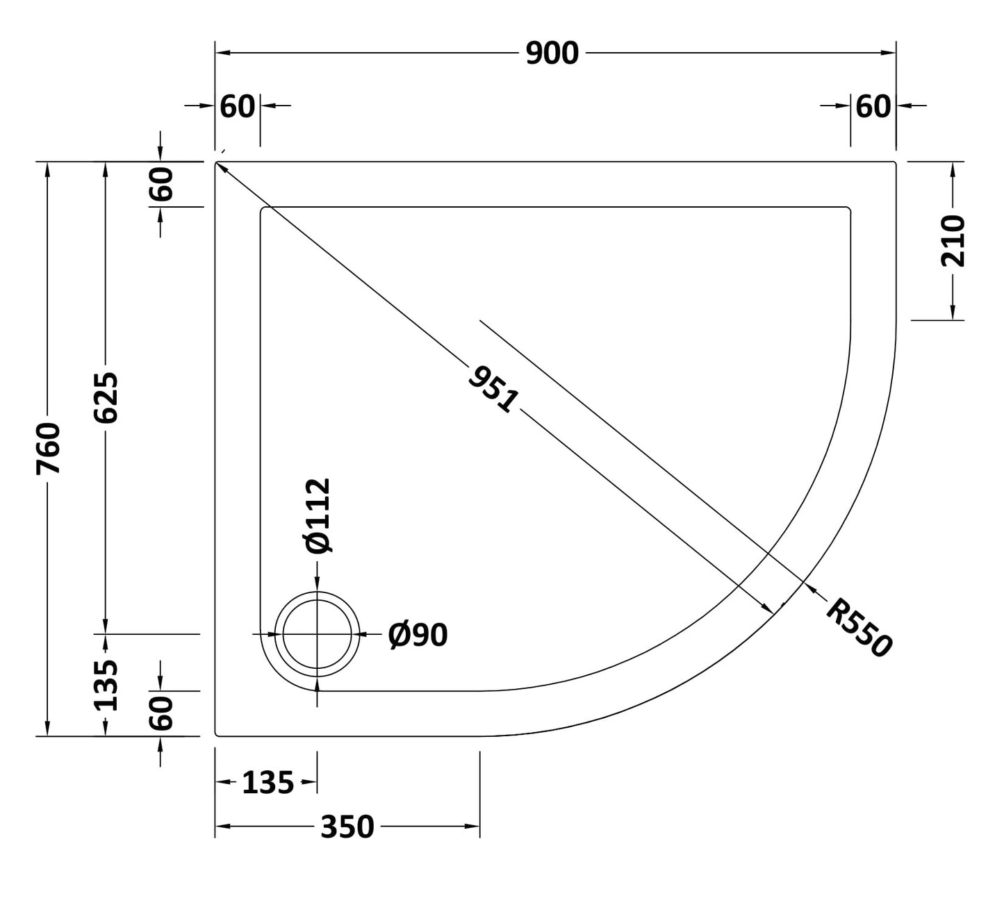 NUIE Slip Resistant Offset Quadrant Shower Tray RH 900 x 760mm