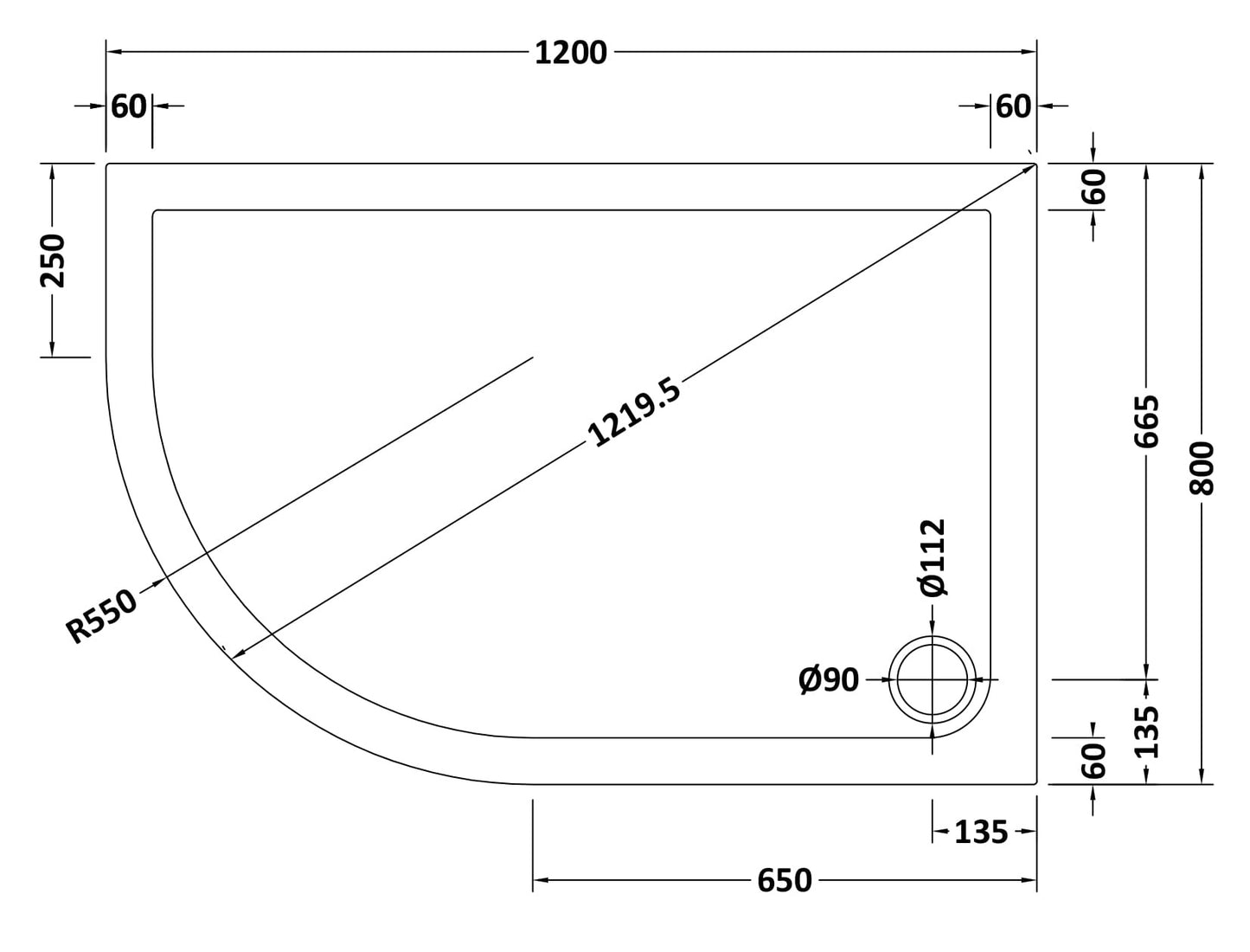 NUIE Slip Resistant Offset Quadrant Shower Tray LH 1200 x 800mm