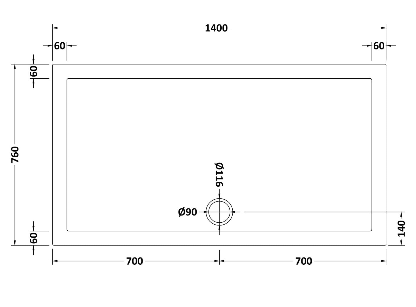 NUIE Rectangular Shower Tray 1400 x 760mm