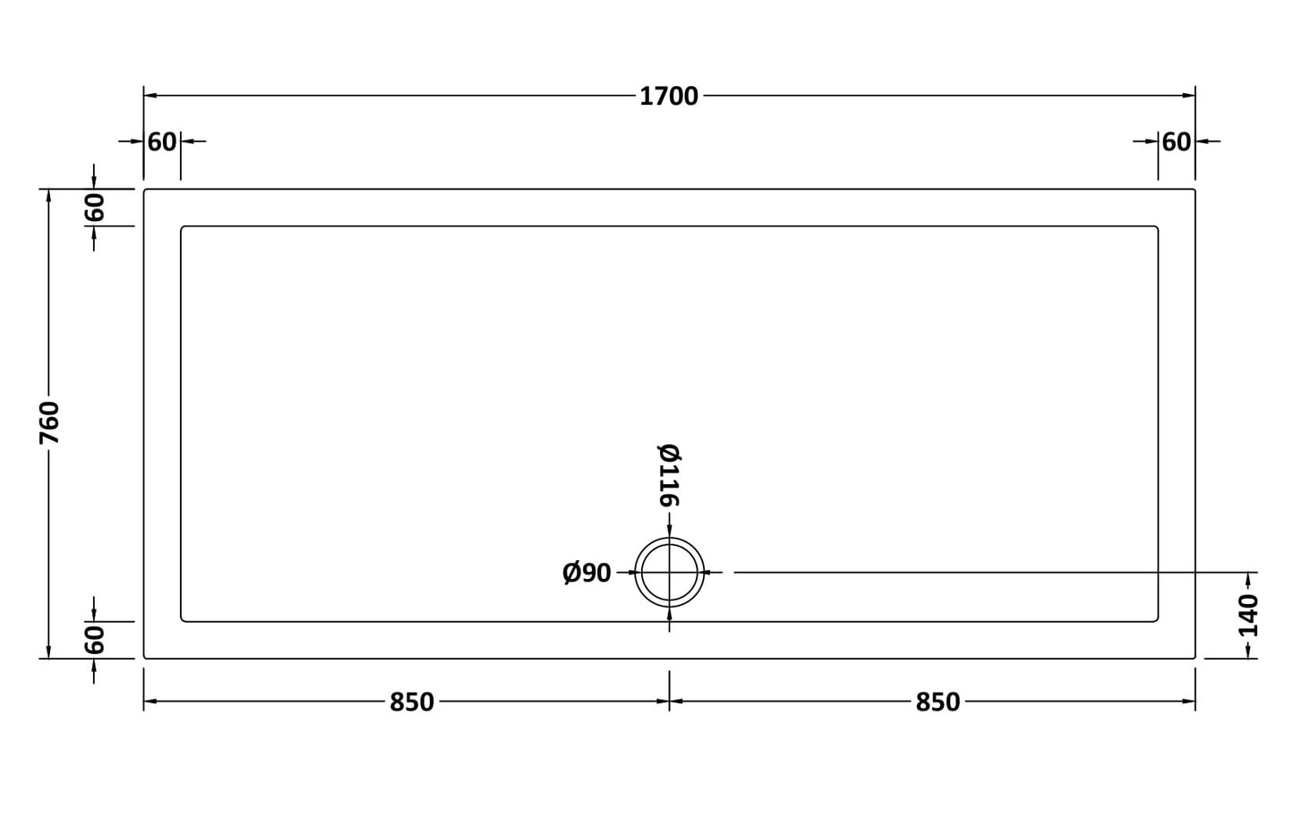 NUIE Rectangular Shower Tray 1700 x 760mm