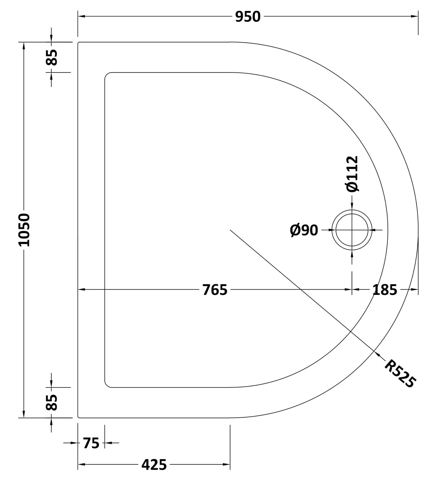 NUIE D Shape Shower Tray 1050mm