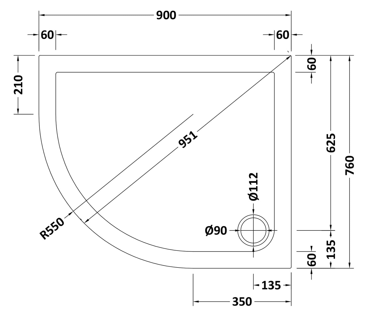 NUIE Offset Quadrant Shower Tray 900 x 760mm LH