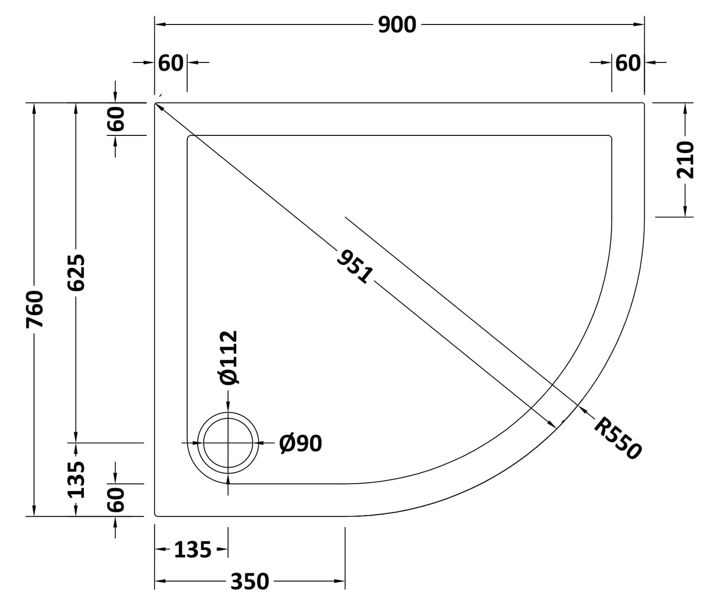 NUIE Offset Quadrant Shower Tray 900 x 760mm RH