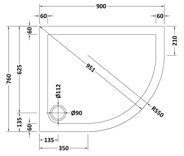NUIE Offset Quadrant Shower Tray 900 x 760mm RH