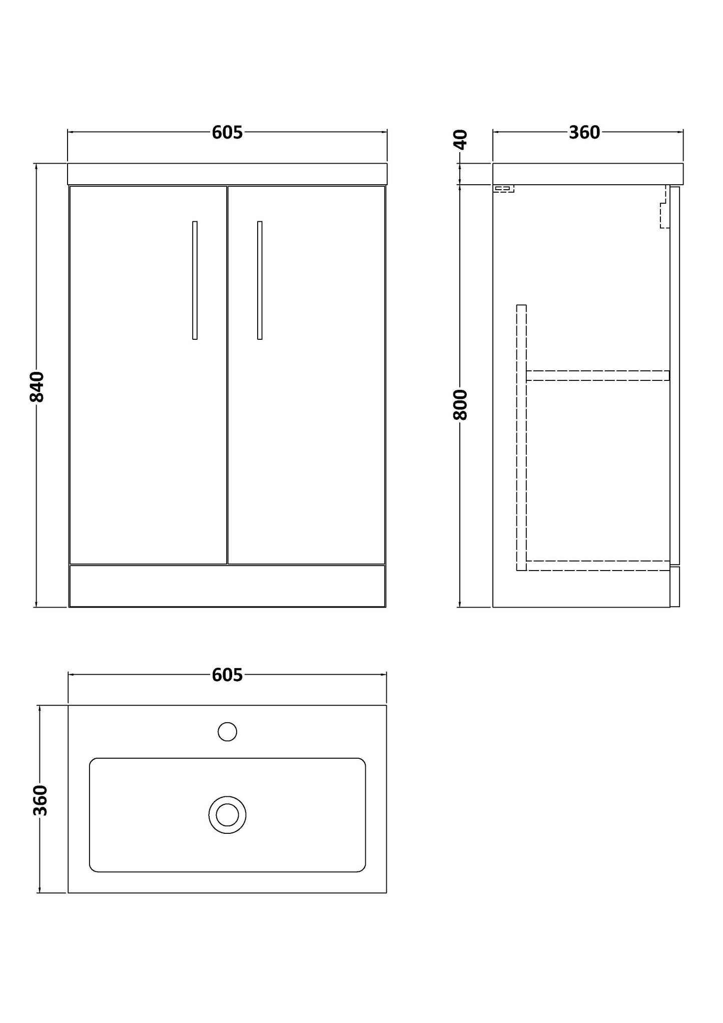 NUIE 600mm Floor Standing 2 Door Vanity & Polymarble Basin