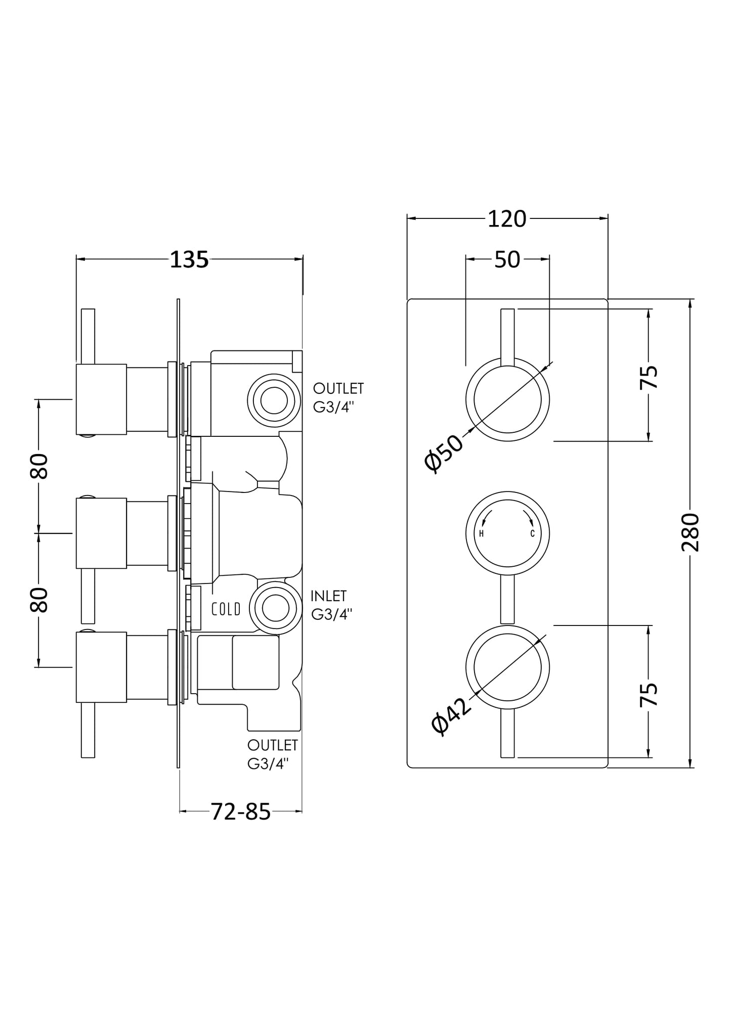 NUIE Triple Thermostatic Shower Valve With Diverter