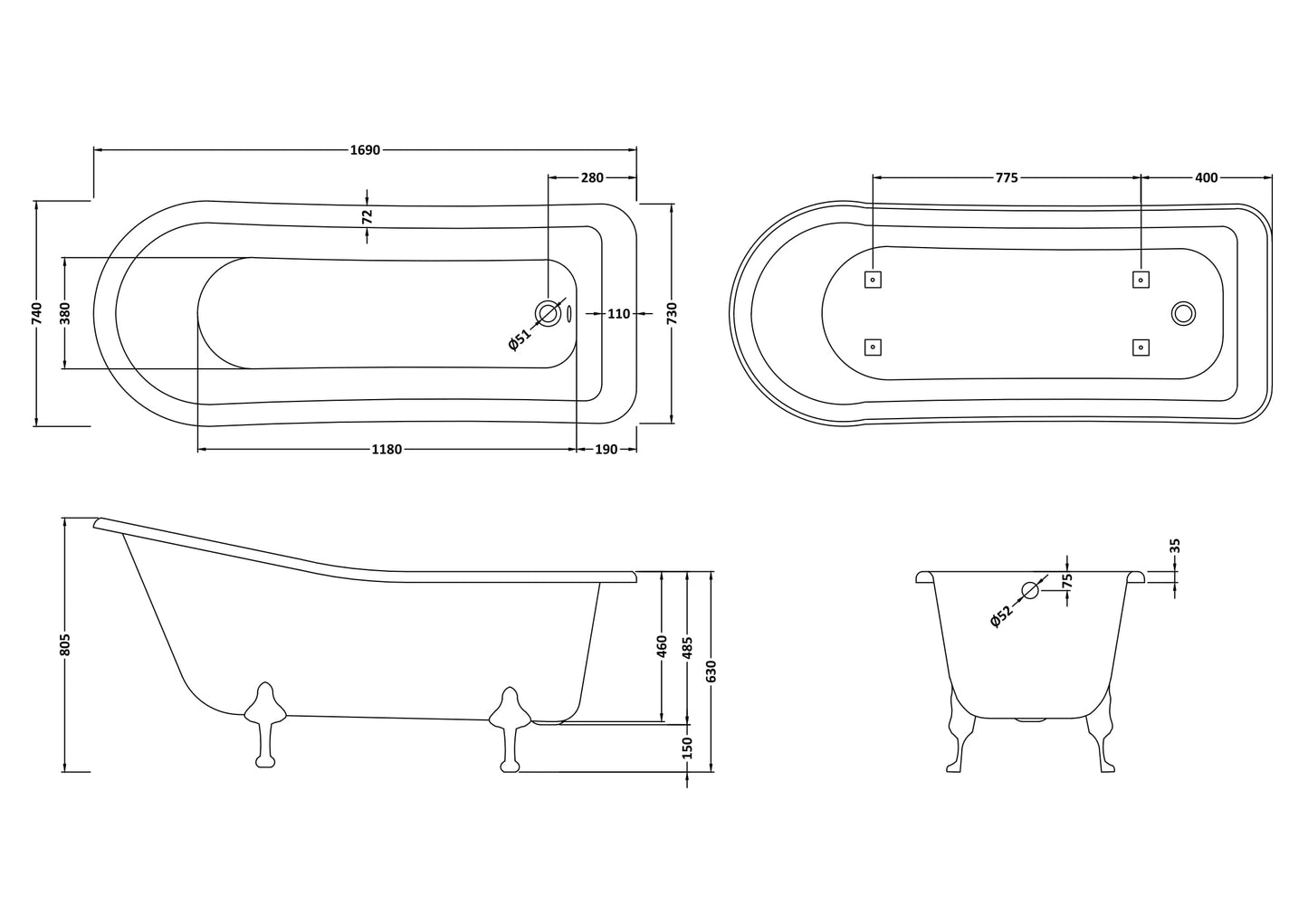 Hudson Reed Freestanding Bath - Deacon Leg Set (1700mm)