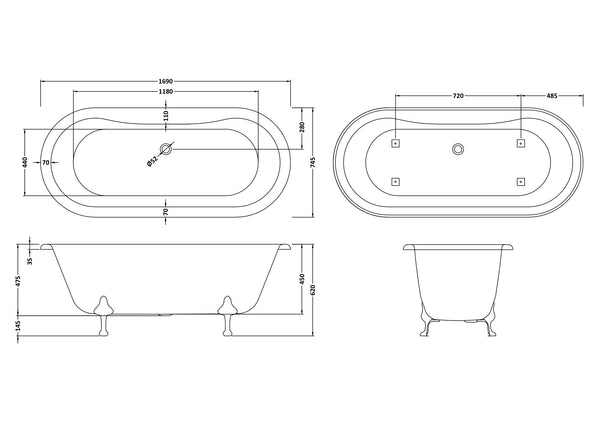 Hudson Reed Freestanding Bath - Deacon Leg Set (1700mm)