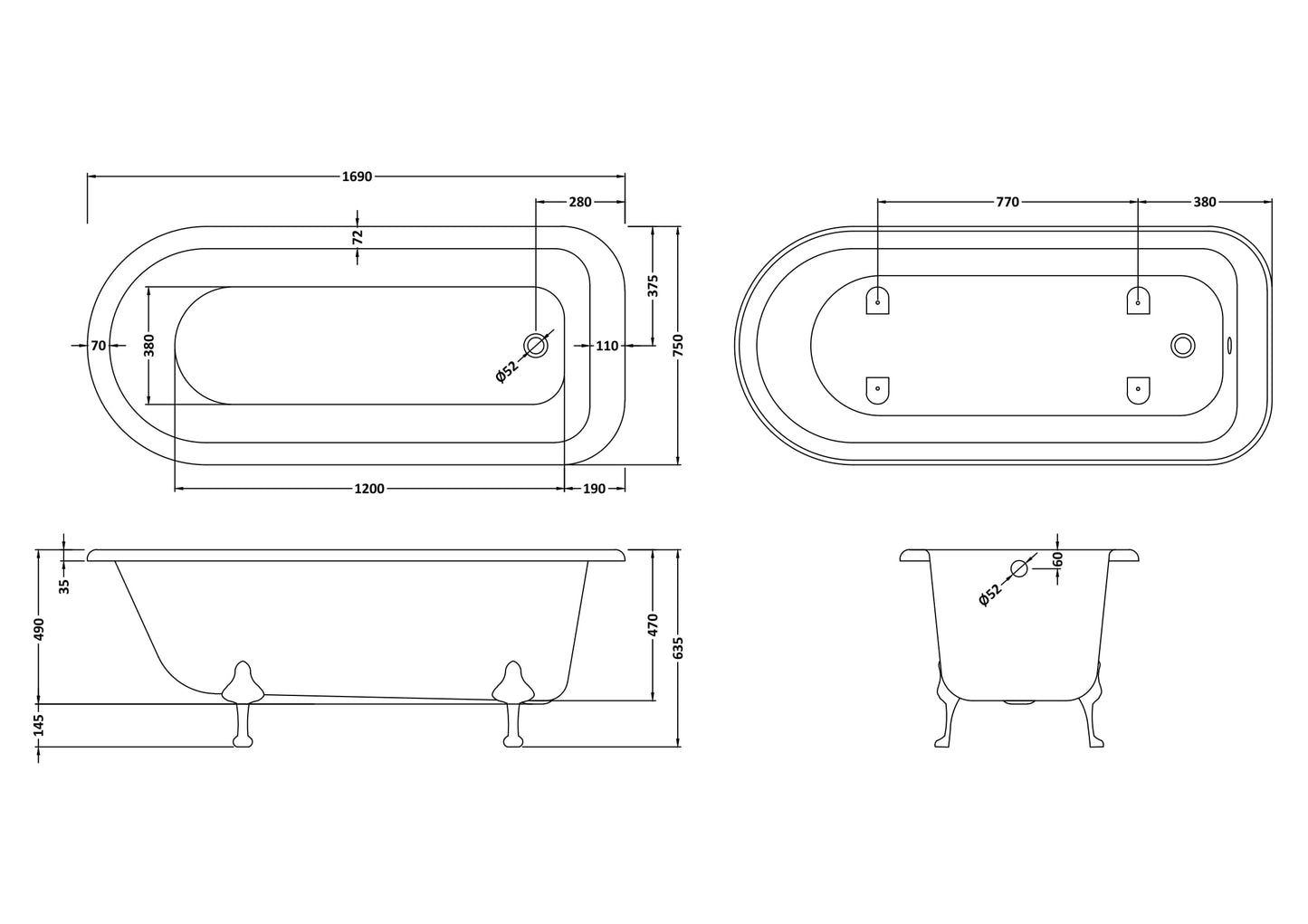 Hudson Reed Freestanding Bath - Corbel Leg Set (1700mm)